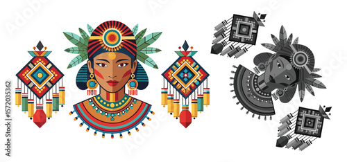Colorful aztec illustration depicting a woman with headdress and geometric earrings.