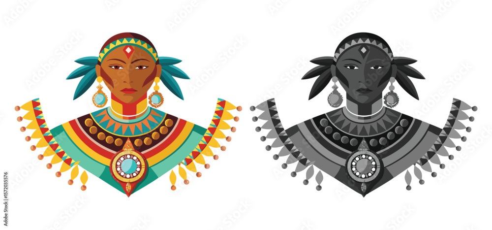 Fototapeta premium Decorative illustration of a tribal woman with beautiful colorful and monochrome ornaments