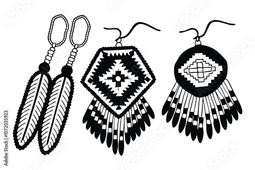 Hand drawn black and white illustrations of three different styles of tribal earrings.