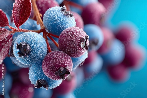 Close up of frosted blueberries and red leaves on a branch with a soft blue background