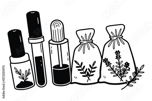 Hand drawn illustration of apothecary bottles and herbal sachets for natural cosmetics and wellness