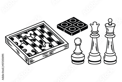 Isometric view of board games including chess pieces backgammon and four in a row