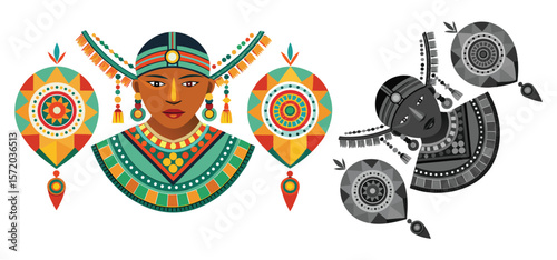 Vector illustration depicting african woman in traditional costume with geometric ornaments