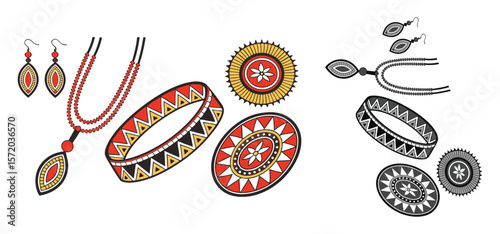 Vector illustration of colorful and minimalist ethnic inspired jewelry set on white background.