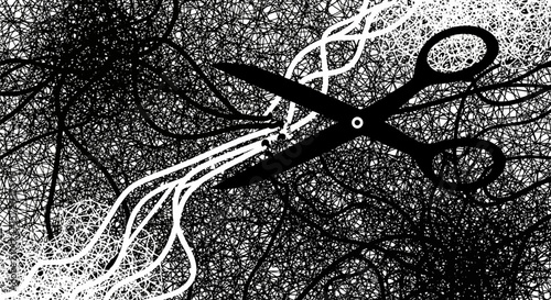 Cutting Chaos Scissors with tangled lines art.