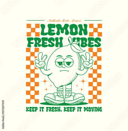 hand drawn retro lemon cartoon character with checkered background. perfect for t shirt design, sticker, streetwear, apparel design, poster, and summer themed artwork