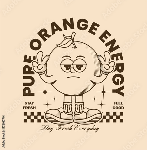 retro orange cartoon character in hand drawn line art style with halftone texture. perfect for t shirt design, streetwear, poster, sticker, and summer themed artwork