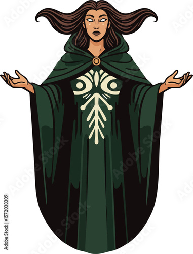 Woman Sorceress Wearing Green Cloak Magic Spell Casting Vector Illustration