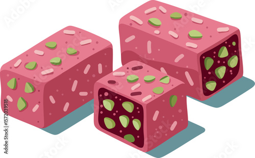Pink nougat candy pieces with pistachio nuts vector illustration sweet dessert treat