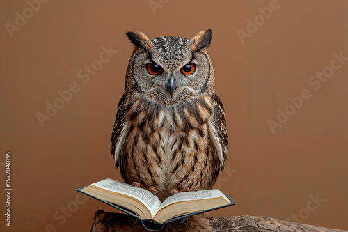 Wallpaper Mural Wise owl engrossed in reading on brown canvas Torontodigital.ca
