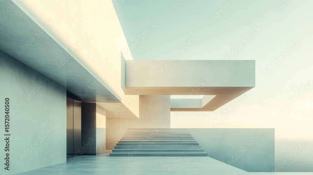 Obraz premium Modern minimalist house exterior, serene sunrise view, architectural design, potential use for home design catalog
