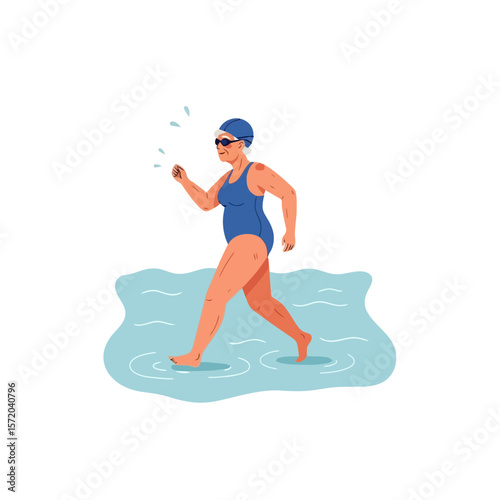 Water Walking Exercise: Senior Woman in Swimsuit