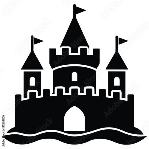 Black simple sandcastle floats gently on calm ocean waves, isolated with a transparent background