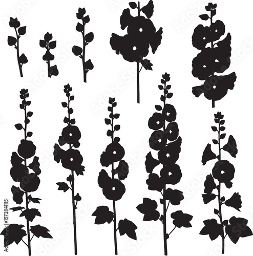 A collection of black hollyhock flower silhouettes, showcasing various tall spikes and blooming stages, ideal for botanical, garden, and decorative floral designs