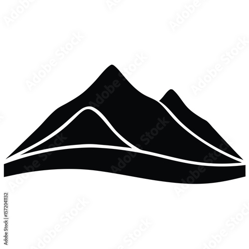 A striking black mountain range with subtle white detail is isolated against white