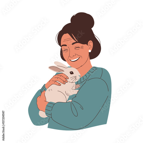 Woman's Joy: Embracing a White Rabbit with Love