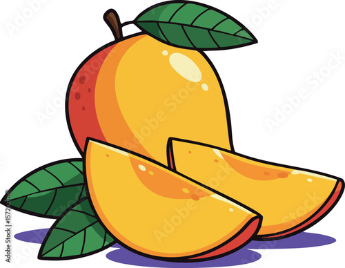 Ripe mango fruit with green leaves and two sliced pieces vector illustration