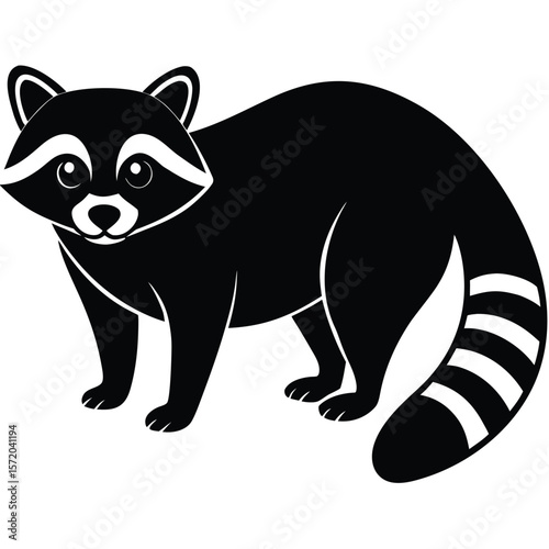 Black raccoon faces forward with its distinctive striped tail, presented on a transparent background