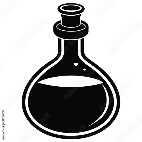 Black bottle filled with liquid has a rounded bottom and stopper on a transparent background