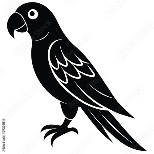 Stylized black parrot with a distinct beak and feather pattern sits calmly against transparency