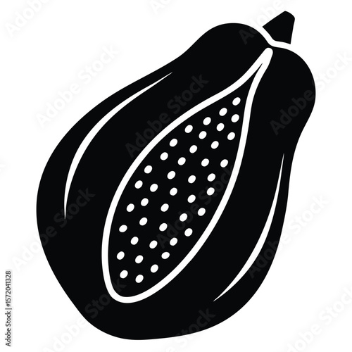 Single solid black papaya features white seeds against a clear, transparent background