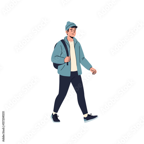 Walking Man in Casual Winter Outfit - Flat Vector Illustration