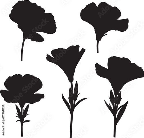 Collection of various petunia flower silhouettes with distinctive trumpet shapes and delicate petals, ideal for botanical illustrations, garden themes, floral patterns, and natural decorative elements