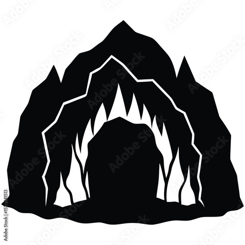 Rocky cave entrance with jagged edges is shown as a black silhouette