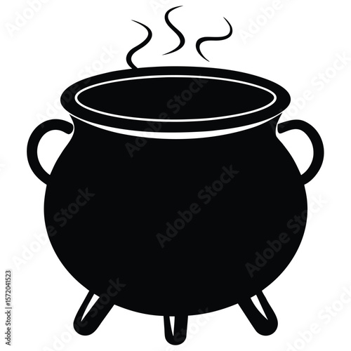 Black cauldron with three legs simmers as steam curls upward in transparent background