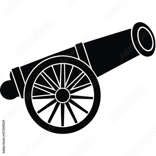 Sleek black cannon with spoked wheels is shown against a transparent backdrop design