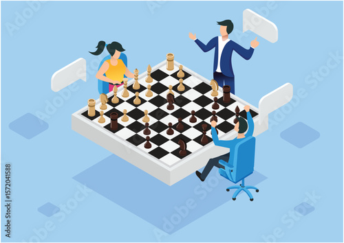 Isometric illustration playing chess online against various enemies