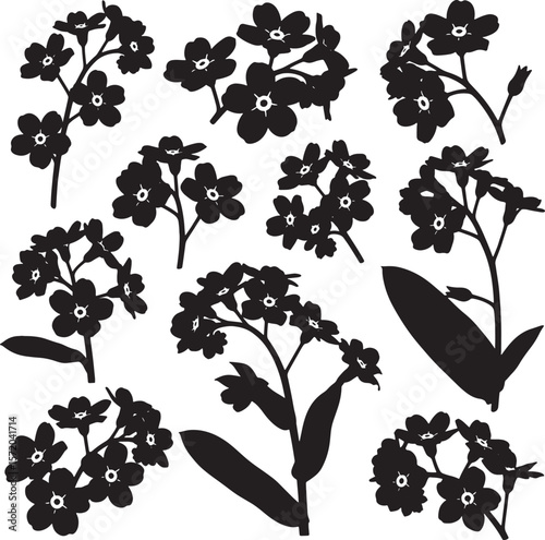 A sweet collection of forget-me-not flower and stem silhouettes, capturing their delicate charm, perfect for sentimental designs, natural patterns, and romantic floral themes