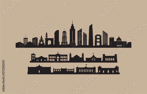 Collection of silhouetted city skylines featuring modern skyscrapers and historic architecture