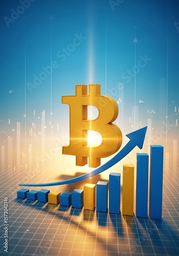 Golden Bitcoin symbol with upward trending graph cryptocurrency