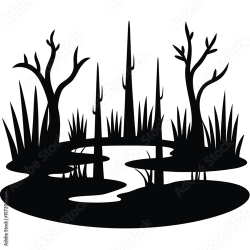 Silhouette of a black wetland with trees and grass is reflected in the water
