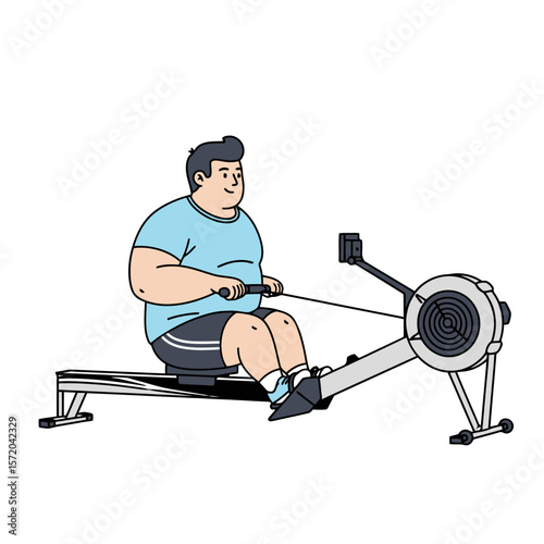Overweight Man Exercising on Rowing Machine Cartoon