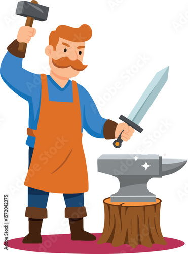 Blacksmith forging sword with hammer and anvil illustration in orange and blue outfit