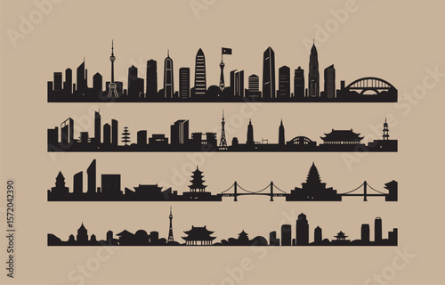 Collection of black silhouette city skylines featuring modern architecture and traditional asian buildings