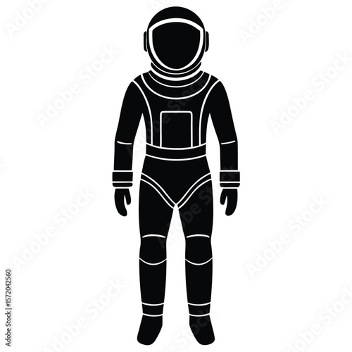 Black silhouette portrays a figure in a full astronaut suit standing straight against a transparent backdrop