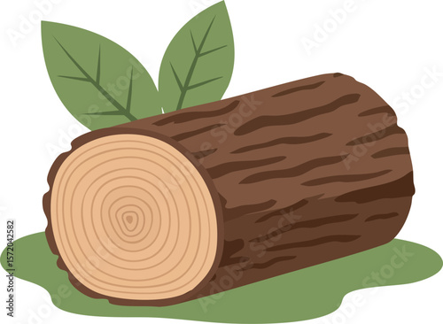 Tree log with green leaves resting on green ground illustration natural wood concept vector