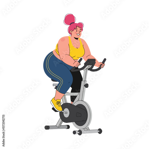 Woman Exercising on Stationary Bike, Healthy Lifestyle Illustration