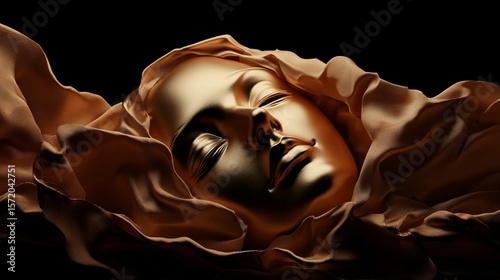 Golden woman's head, draped in flowing fabric, rests serenely.  Detailed, 3D rendering, highlighting textures