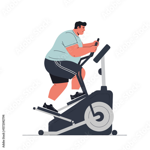 Overweight Man Exercising on Elliptical Machine