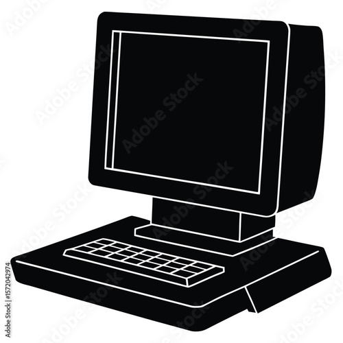 Old computer with a boxy monitor and a keyboard is isolated on white