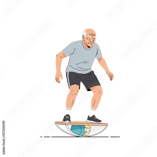 Senior Man Balancing on Wobble Board, Vector Illustration