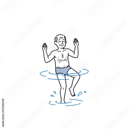 Elderly Man Enjoying Water Exercise, Cartoon Illustration