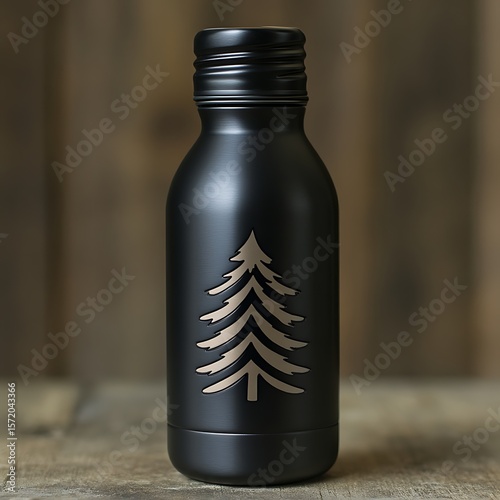 Black metal bottle with etched pine tree design