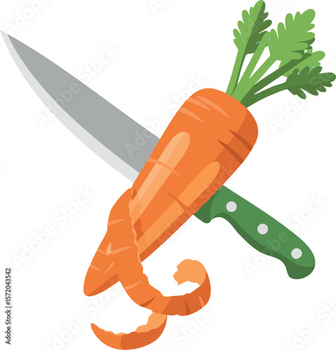 Carrot with green leaves being peeled by knife vector illustration in simple style