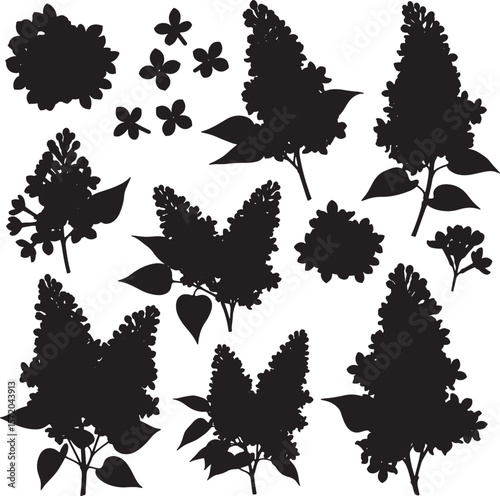 Elegant vector silhouette collection showcasing various lilac flowers and small leaves, ideal for sophisticated botanical designs, spring-themed projects, and natural floral patterns