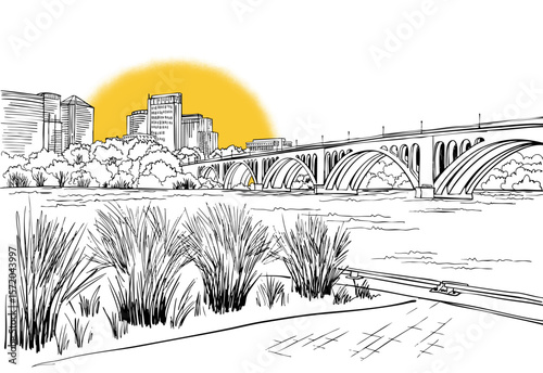 Great view of the Key Bridge in Washington DC, USA. Potomac River. Arlington. Urban landscape. Sunshine. Hand drawn sketch. Black and White illustration. Line Art. Vector background. Postcard style.